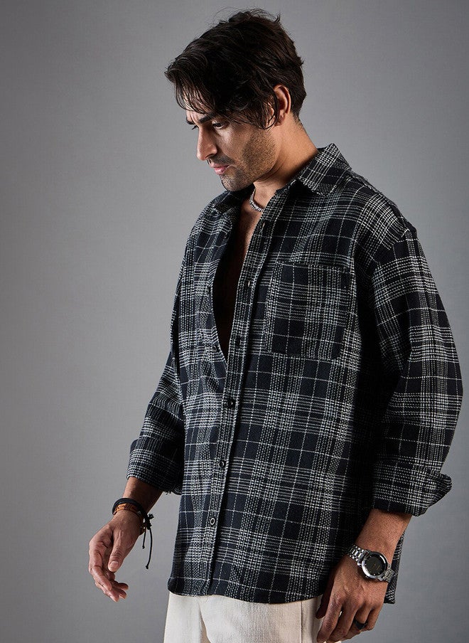 CHIMPAAANZEE Oversized Tartan Checked Spread Collar Casual Shirt - Image 3